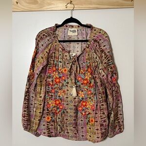 Savanna Jane Long Sleeve Boho Blouse Tassels Embroidery Floral Women Size Large